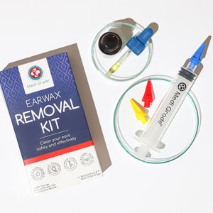Flat lay of Medi Grade Earwax Removal Kit, Ear Syringe, and Ear Drops