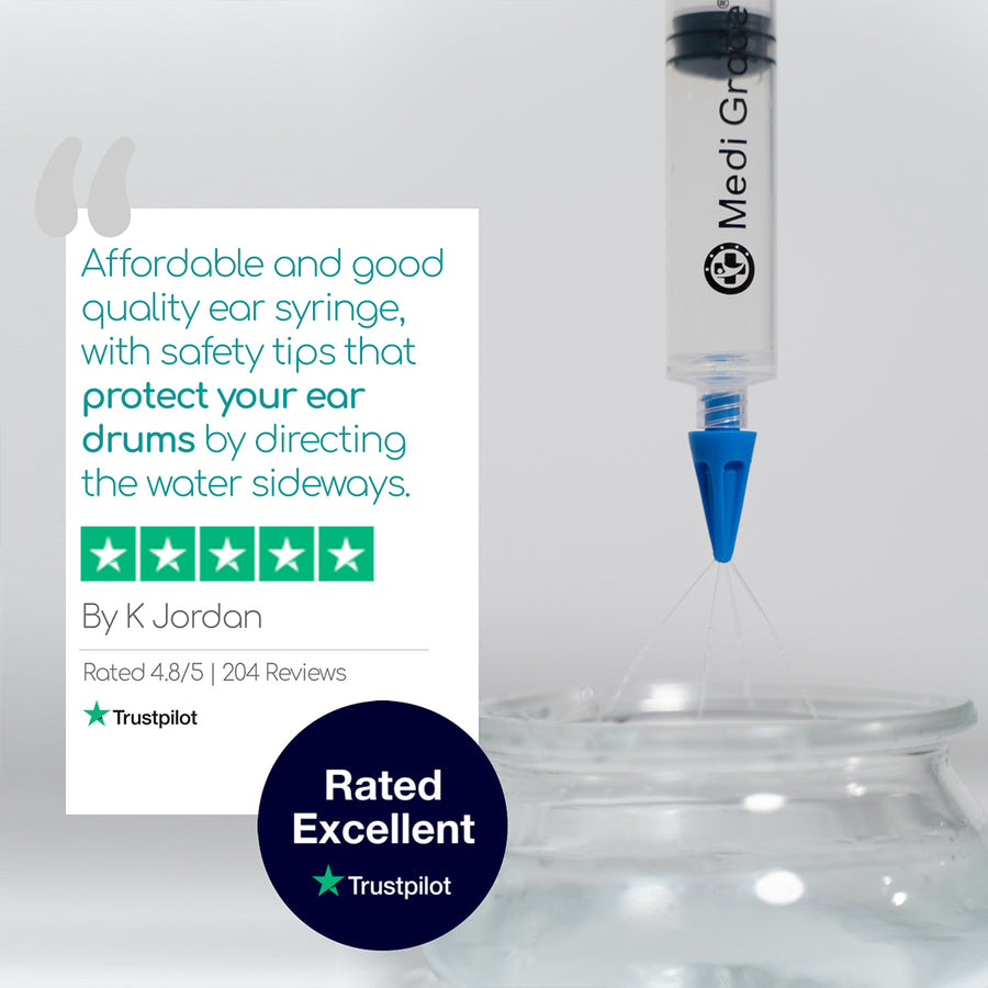 Medi Grade Earwax Removal Syringe with a customer review saying "affordable and good quality ear syringe, with safety tups that protect your ear drums by directing the water sideways"