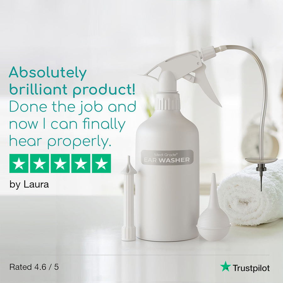 Ear Washer Bottle and its accessories with customer review text saying it's a brilliant product