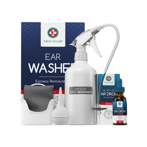 Medi Grade Ear Washer Bottle, ear basin, ear bulb, towel, olive oil ear drops, and its retail box