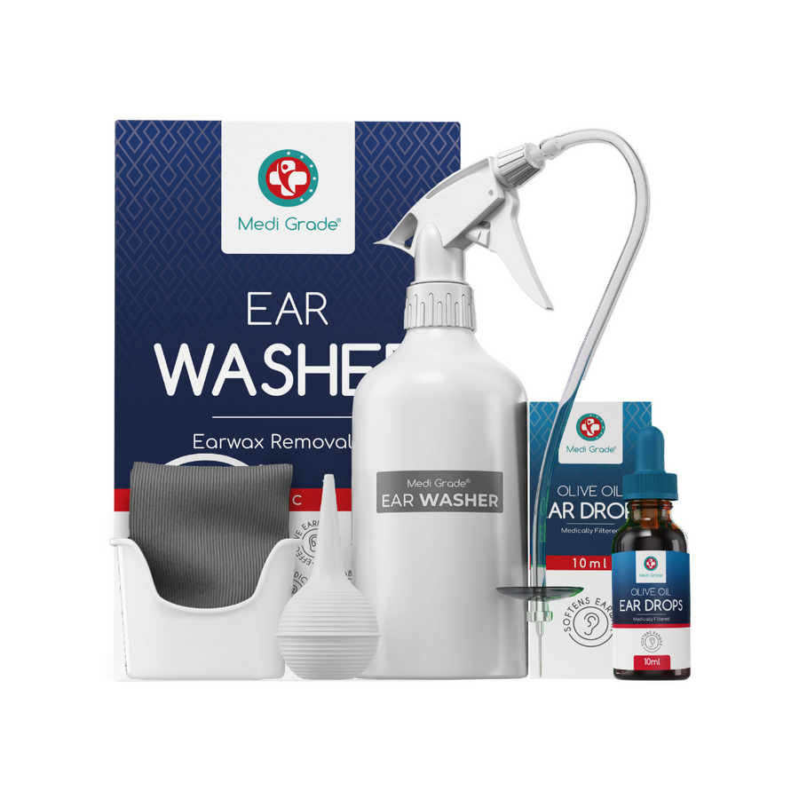 Medi Grade Ear Washer Bottle, ear basin, ear bulb, towel, olive oil ear drops, and its retail box