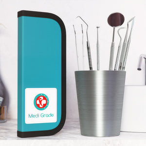 Medi Grade dental hygiene storage case and a cup beside it with 7 different tools