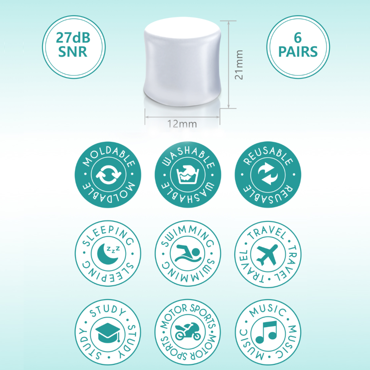 1 earplug with icons below it stating its features