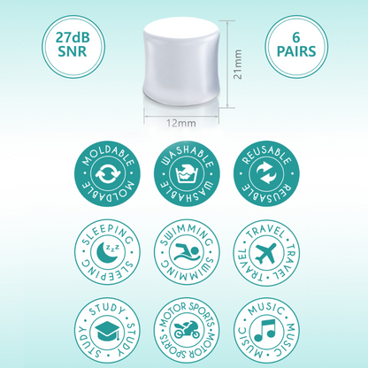 1 earplug with icons below it stating its features