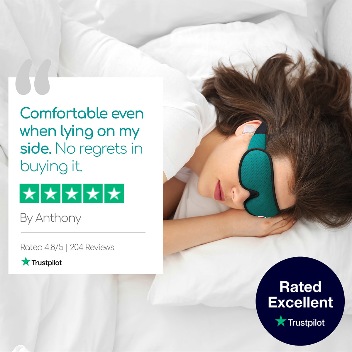 Woman sleeping while wearing a sleep eye mask and earplugs with text beside stating "comfortable even when lying on my side"