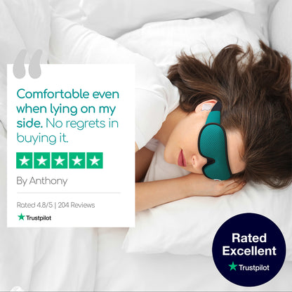 Woman sleeping while wearing a sleep eye mask and earplugs with text beside stating "comfortable even when lying on my side"
