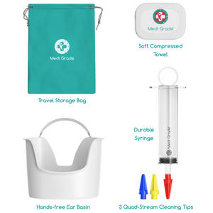 Travel storage bag, hands-free ear basin, towel, ear syringe, 3 cleaning tips