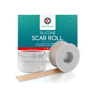Medi Grade Silicone Scar Roll, plastic storage, and its retail box