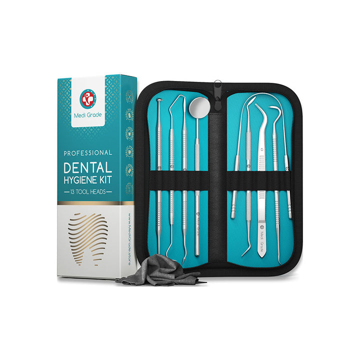 Medi Grade Dental Hygiene Kit with 8 tools, 1 cloth, fabric storage and its retail box