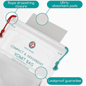 Close-up of Medi Grade Vomit Bag showing its different features (rope drawstring, ultra-absorbent pads, leakproof)