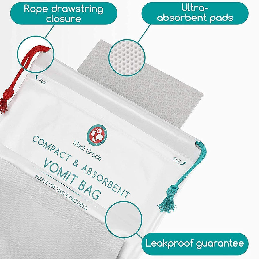 Close-up of Medi Grade Vomit Bag showing its different features (rope drawstring, ultra-absorbent pads, leakproof)