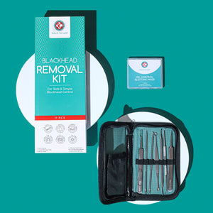 Flatlay of Medi Grade Blackhead Removal Kit, oil control blotting paper, & its retail box